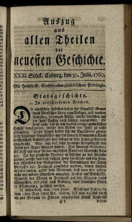 XXXI. Stück. Coburg, den 30. Julii, 1760.
