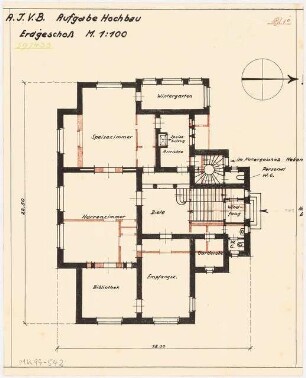 Umbau eines Landhauses Monatskonkurrenz Februar 1933: Grundriss Erdgeschoss 1:100, mit Umbaumaßnahmen