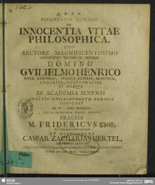 Dissertatio Moralis De Innocentia Vitae Philosophica