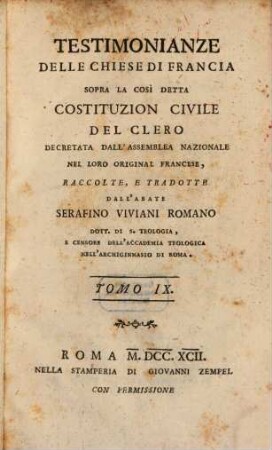 Testimonianze Delle Chiese Di Francia Sopra La Cosi Detta Costituzion Civile Del Clero : Decretta Dall'Assemblea Nazionale, 9