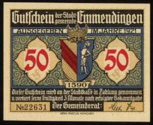 50 (Pfennig) Gutschein der Stadtgemeinde Emmendingen