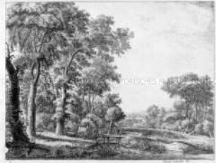 Landschaft mit Steg über einem Bach am Waldrand (Nr. 1 einer Folge Landschaften, links unten numeriert)