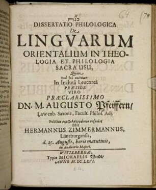 Dissertatio Philologica De Linguarum Orientalium In Theologia Et Philologia Sacra Usu