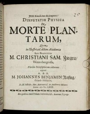 Disputatio Physica De Morte Plantarum