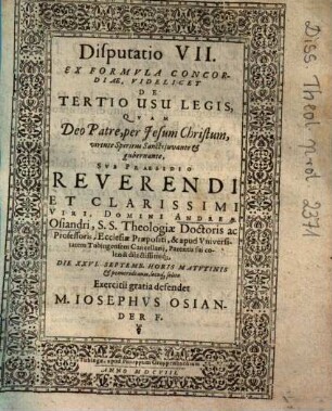 Disputatio VII. Ex Formvla [Formula] Concordiae, Videlicet De Tertio Usu Legis