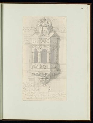 Erker an einem Landschloss Monatskonkurrenz Februar 1853: Aufriss Erker; Maßstabsleiste, Erläuterungstext