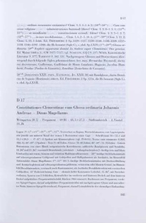 D 17. Constitutiones Clementinae cum Glossa ordinaria Johannis Andreae, Dinus Mugellanus