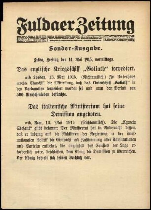 Erste Ausgabe vom Freitag, den 14. Mai 1915.