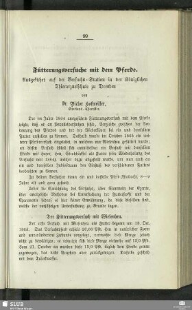 Fütterungsversuche mit dem Pferde : Ausgeführt auf der Versuchs-Station in der Königlichen Thierarzneischule zu Dresden