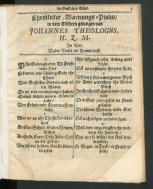 Christlicher Warnungs-Psalm/ in dem Clöstern gesungen von Johannes Theologus ...
