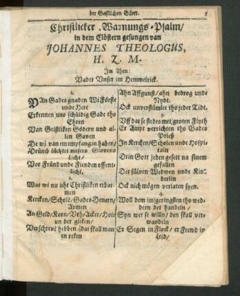 Christlicher Warnungs-Psalm/ in dem Clöstern gesungen von Johannes Theologus ...