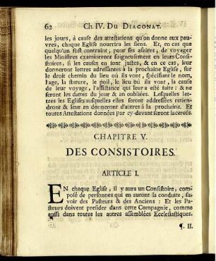 Chapitre V. Des Constistoires. / Fünftes Capitel. Von den Consistoriis.