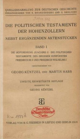 [6,1]: Die Hofordnung Joachims II. Die politischen Testamente des Großen Kurfürsten Friedrich III/I und Friedrich Wilhelms I.