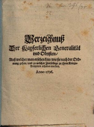 Verzeichniß der Kayserlichen Generalität und Obristen