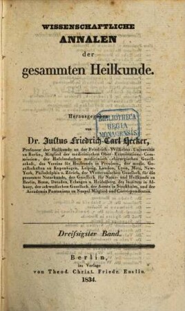Wissenschaftliche Annalen der gesammten Heilkunde. 30. 1834
