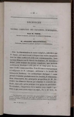 Recherche des rachines complexes des équations numériques.