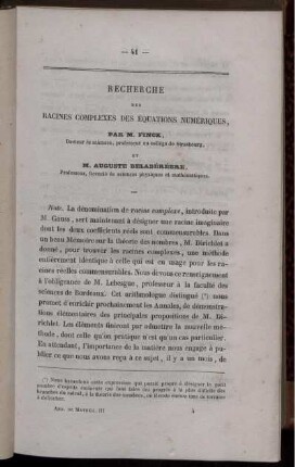 Recherche des rachines complexes des équations numériques.