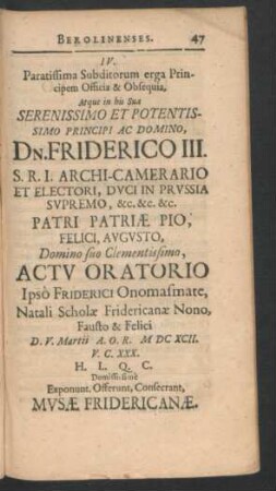IV. Paratissima Subditorum erga Principem Officia & Ebseuqia ... Dn. Friderico III. ...