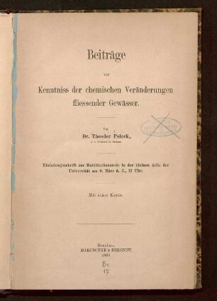 Beiträge zur Kenntniss der chemischen Veränderungen fliessender Gewässer : Einladungsschrift zur Habilitationsrede ... am 6. März d. J.