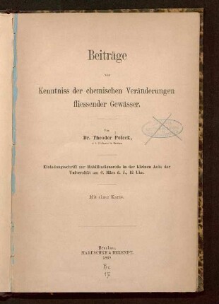 Beiträge zur Kenntniss der chemischen Veränderungen fliessender Gewässer : Einladungsschrift zur Habilitationsrede ... am 6. März d. J.