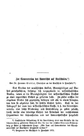 Zur Concentration des Unterrichts auf Realschulen
