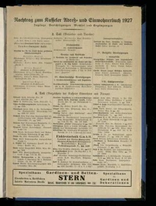 Nachtrag zum Kasseler Adreß- und Einwohnerbuch 1927