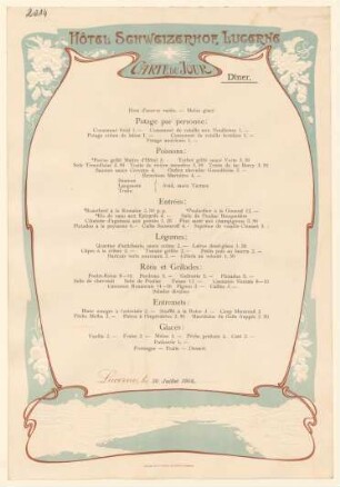 Menükarte : Carte du Jour, Lunch, Hotel Schweizer Hof