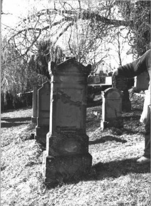 Grabstein 390 (Index: 99786171) Zustand: obere Hälfte abgebrochen und zementiert, Inschrifttafel fehlt, Rückseite leicht verwittert Maße HxBxT: 173x57x26 cm: Grabstein 390