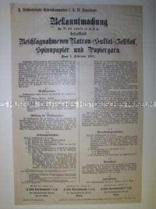 Bekanntmachung über die Beschlagnahme von Zellstoff, Spinnpapier und Papiergarn