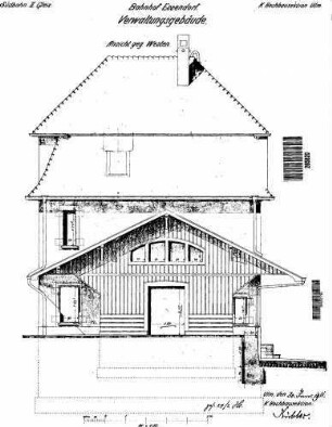 Essendorf: Empfangsgebäude mit Güterschuppen Giebelansicht (West)