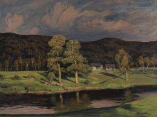 Abendlicht, Landschaft mit zwei Eichen