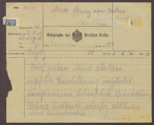 Telegramm von Walter Simons an Prinz Max von Baden; Einschätzungen zu einer Erklärung des Prinzen Max bzgl. der Abdankungsereignisse