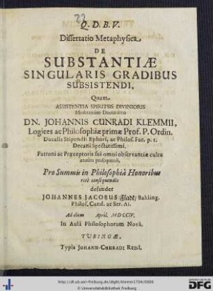 Dissertatio Metaphysica, De Substantiae Singularis Gradibus Subsistendi