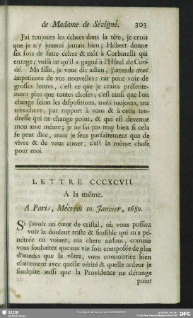 Lettre CCCXCVII. A la même. A Paris, Mécredi 10. Janvier, 1680