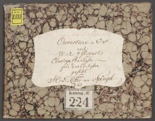 Sonatas, orch, op. 43, KV 457/3, c-Moll, Arr - BSB Mus.ms. 2555 : [label on cover:] Ouverture in Cmoll // nach // W: A: Mozart's // Clavier-Phantasie, // für das Orchester // gesetzt // von // H:L:Ritter von Spengel. // Op. 43