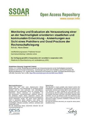Monitoring und Evaluation als Voraussetzung einer an der Nachhaltigkeit orientierten staatlichen und kommunalen Entwicklung - Anmerkungen aus Sicht eines Praktikers und Good Practices der Rechenschaftslegung