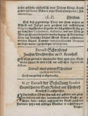 Extract Schreibens Joachim Bruchdorffen/ an D. Krauthoff.