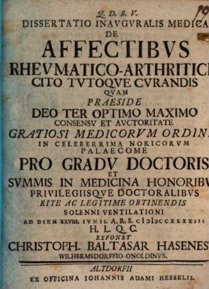 Dissertatio inavgvrale medica De affectibvs rhevmatico-arthriticis cito tvtoqve cvrandis