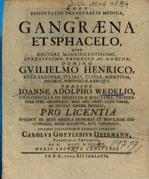 Dissertatio Inavgvralis Medica, De Gangraena Et Sphacelo