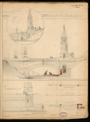 Hubertus-Brücke in der Villenkolonie Berlin-Grunewald Monatskonkurrenz April 1890: Grundriss (Skizze); Grundriss 1:200, Aufriss Seitenansicht, Querschnitt 1:100, perspektivische Ansicht