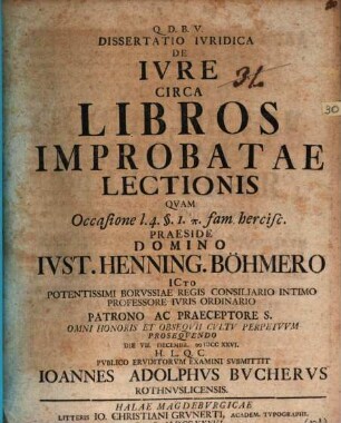 Dissertatio ivridica De ivre circa libros improbatae lectionis