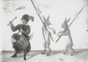 Blatt mit Illustration: Knabe mit Trommel, gefolgt von zwei Hasen