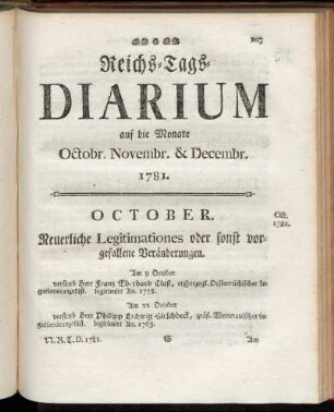 Reichs-Tags-Diarium auf die Monate Octobr. Novembr. & Decembr. 1781.