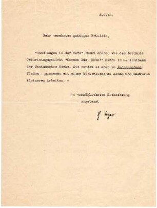 Brief Theobald Tigers an "verehrtes gnädiges Fräulein"