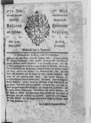 1tes Stück, Ausgabe vom 1. Januarii 1772