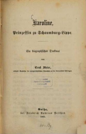 Karoline, Prinzessin zu Schaumburg-Lippe : ein biographisches Denkmal
