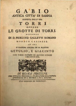 Gabio antica città di Sabina scoperta ove e ora Torri ovvero Le grotte di Torri : discorso