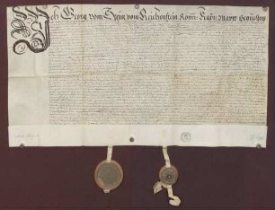 Philipp Eucharius Wenck cedirt die Forderung von circa 1.000 fl. an Georg vom Stein von Reichenstein an Zahlungsstatt für 628 fl. Receßgeld seines Vorfahren und 367 fl. Abzugsgebühr für das Vermögen seiner Frau Appollonia, geborene Roch, an den Markgrafen Wilhelm von Baden-Baden