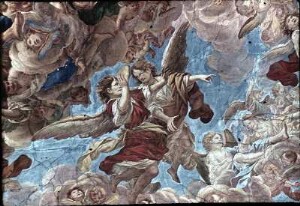 Steinigung des heiligen Stephanus und seine Vision des sich öffnenden Himmels mit Christus und dem Heiligen Geist
