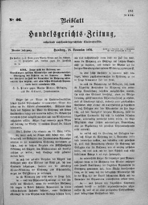 Beiblatt zur hamburgischen Handelsgerichts-Zeitung No. 46. Neunter Jahrgang. Hamburg, 18. November 1876.